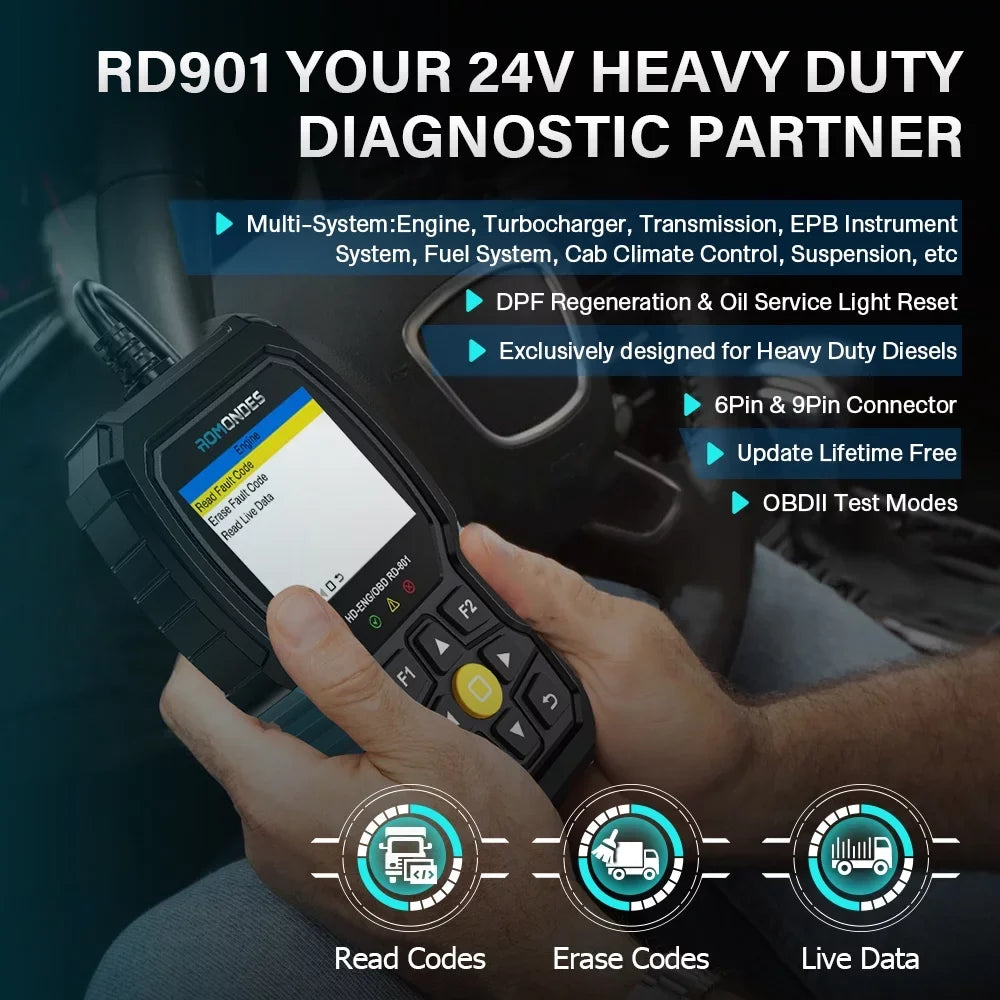 HD Scanner Diagnostic HD Scan Scanner Reader OBD OBD2 All Oil RD901 Car Romondes Duty Diesel Heavy System Code Duty in Light Tool DPF 2 Truck Reset Tool EOBD 1 Truck with OBD Heavy
