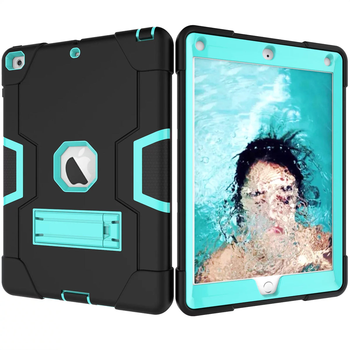 Allytech 2018 Case New Armor 9.7 Case,Three 2017/2018 iPad 6th/5th A1954 iPad for 2017,iPad (Black/Aqua) Case Generation 9.7 A1893 for Defender Layer Cover A1823 A1822 Shockproof Protective