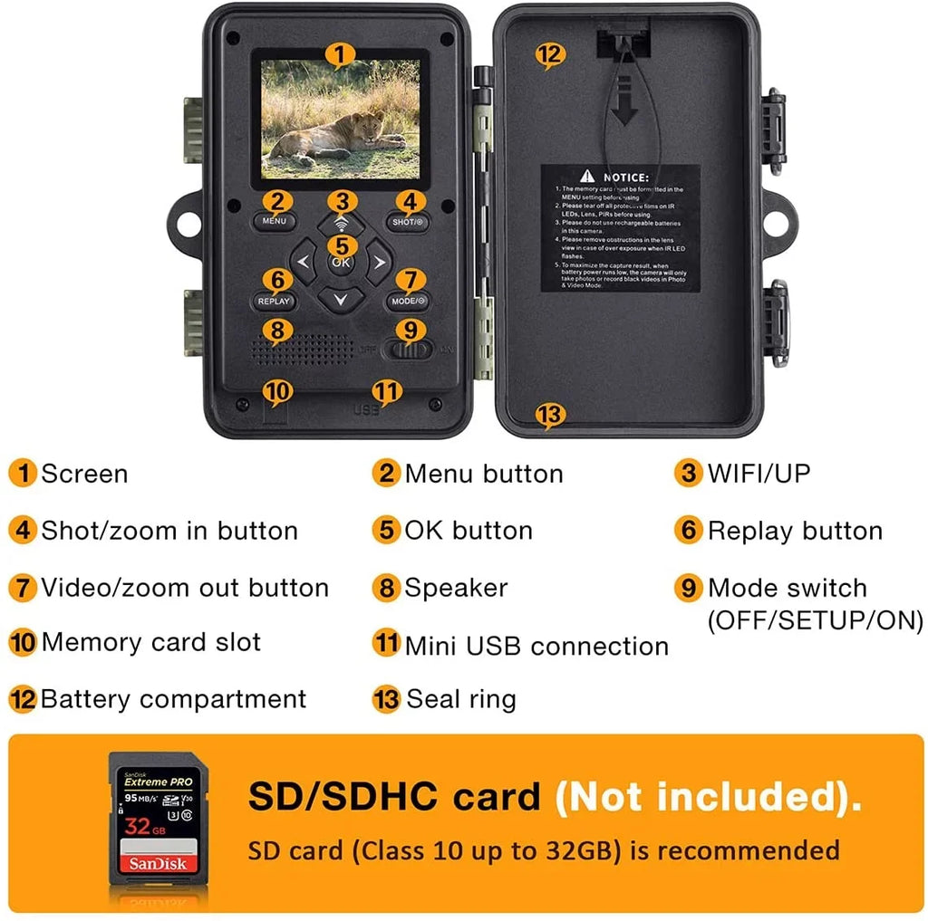 Vision 1296P Bluetooth Trail Night 30MP Hunting CAMPARK WiFi Wildlife Motion Game for Camera Camera Infrared Monitoring with Activated Trail with IP66 Waterproof Camera