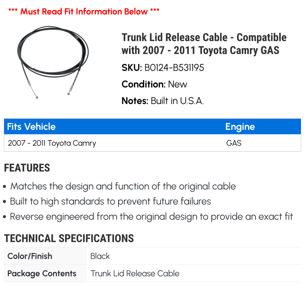 2011 2009 Camry Trunk Toyota 2008 GAS 2010 - - Lid Release Compatible 2007 with Cable