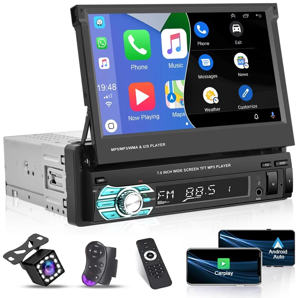 Backup Camera Auto Android Radio Auto with Car Touchscreen HD DIN Player Bluetooth Stereo Carplay 1 Link Function, Universal FM Mirror 7" LED Retractable 12 Podofo Single Video