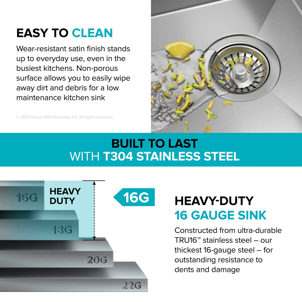 16 Kore Single 28Undermount Steel with Accessories Sink Workstation Kitchen Stainless Kraus Bowl Gauge