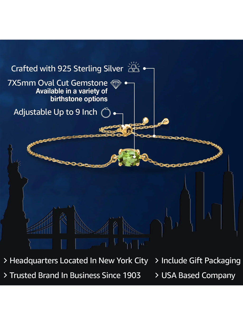 (0.90 Gem Stone 7x5mm) Silver Women Gold Bracelet King 18K Yellow Solitaire Green Plated For Peridot Cttw, Oval Cut