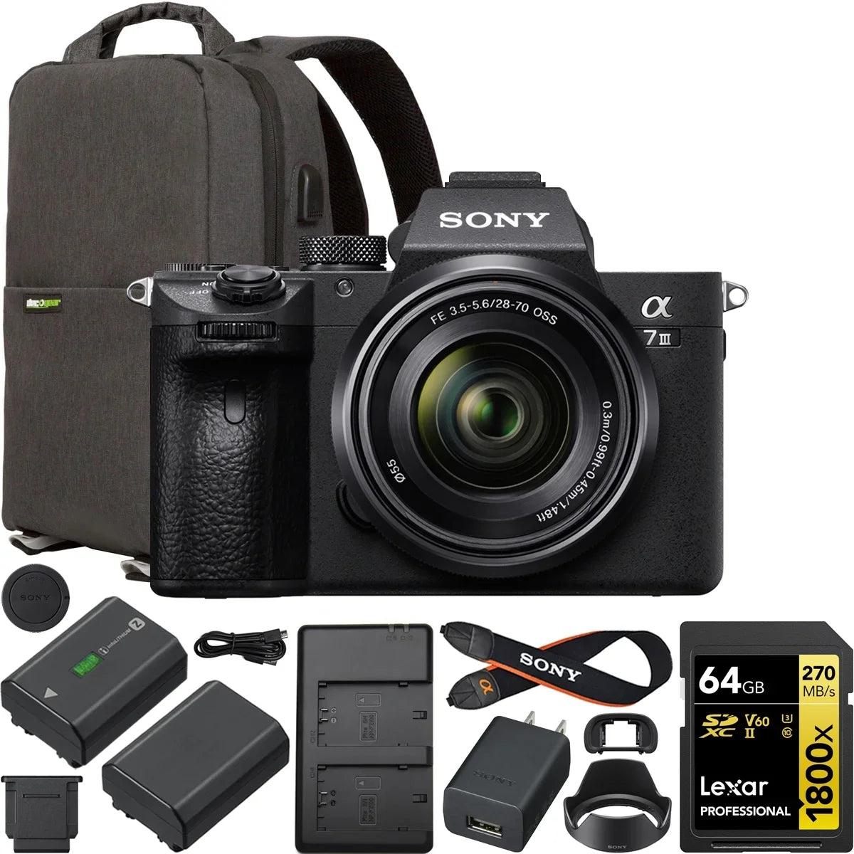 Frame 64GB Camera F3.5-5.6 Gear 28-70mm + a7 Body OSS Content Lens Charger Battery Backpack III + Double Photography Creator External Kit with Full ILCE-7M3K/B Deco Bundle Mirrorless with Card