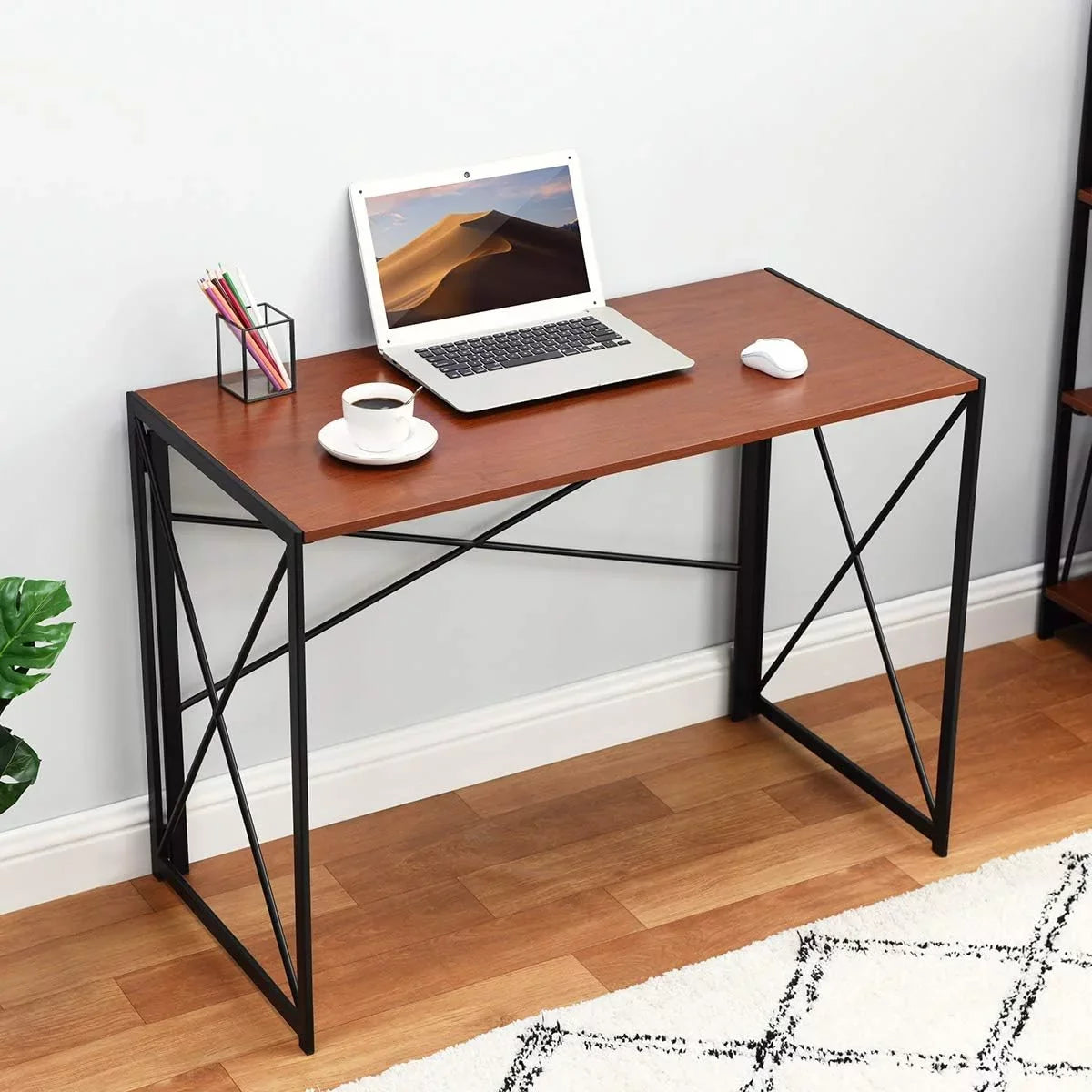 For Laptop Table Study Desk Brown Frame… Computer Folding Desk Simple Writing Modern Office Black Industrial Home Notebook Walnut Desktop Desk