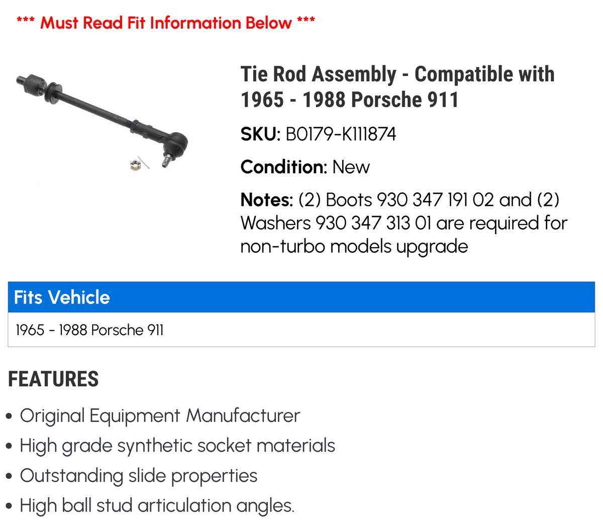 Assembly 1970 Porsche 1981 with 1984 1987 1983 Tie 1974 1971 1967 1975 1979 1978 1980 1973 - 1966 1986 1985 1976 1982 Compatible 1968 1965 1977 Rod 1988 911 - 1969 1972
