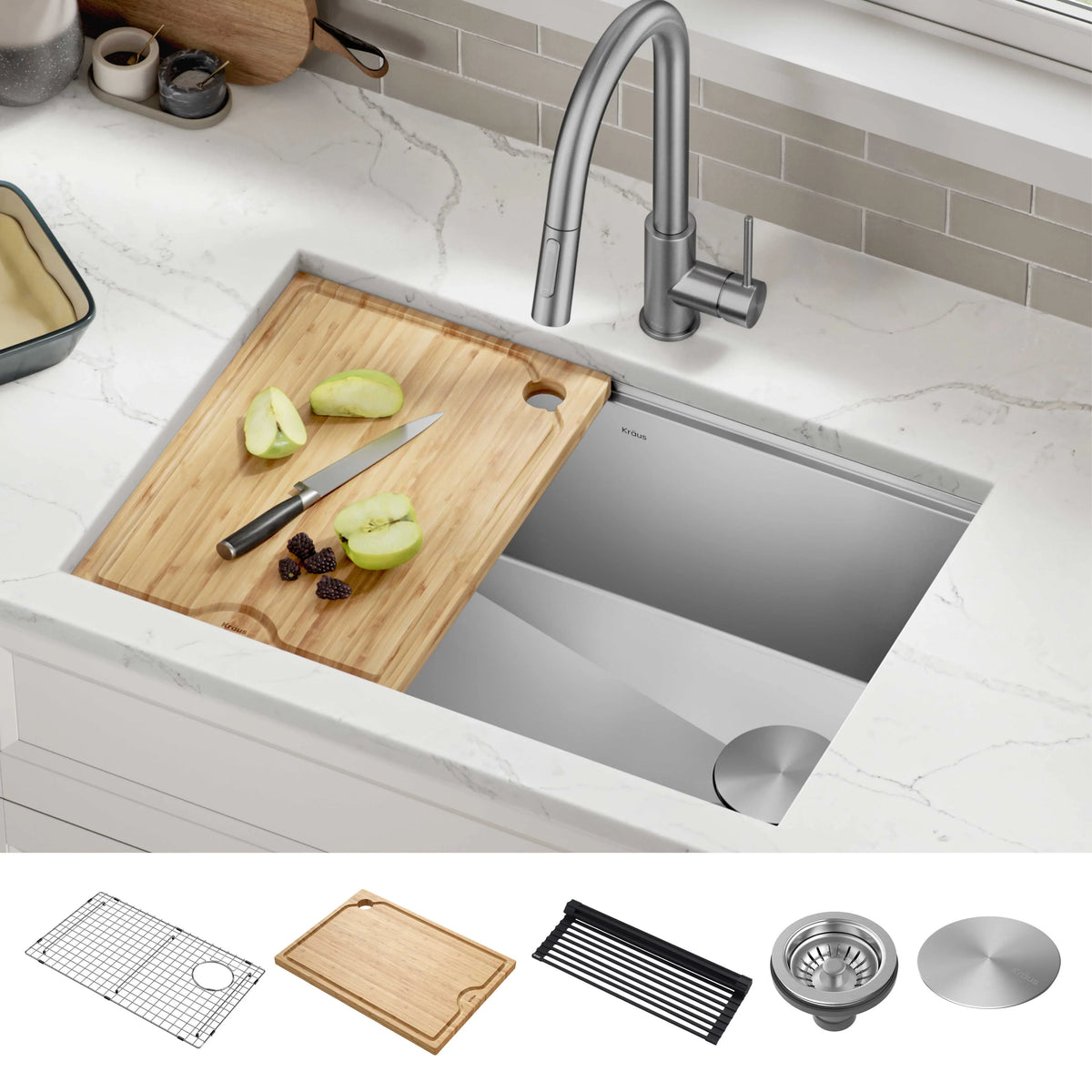 16 Kore Single 28Undermount Steel with Accessories Sink Workstation Kitchen Stainless Kraus Bowl Gauge