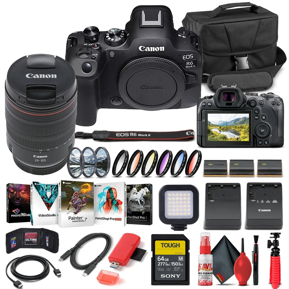 Card 2 + 64GB External + Camera Photo + EOS x LPE6 Software R6 Memory Case Reader Card Corel Mirrorless + + + f/4 II Mark 24-105mm + with Light + Charger Canon Battery Lens (5666C011) More LED
