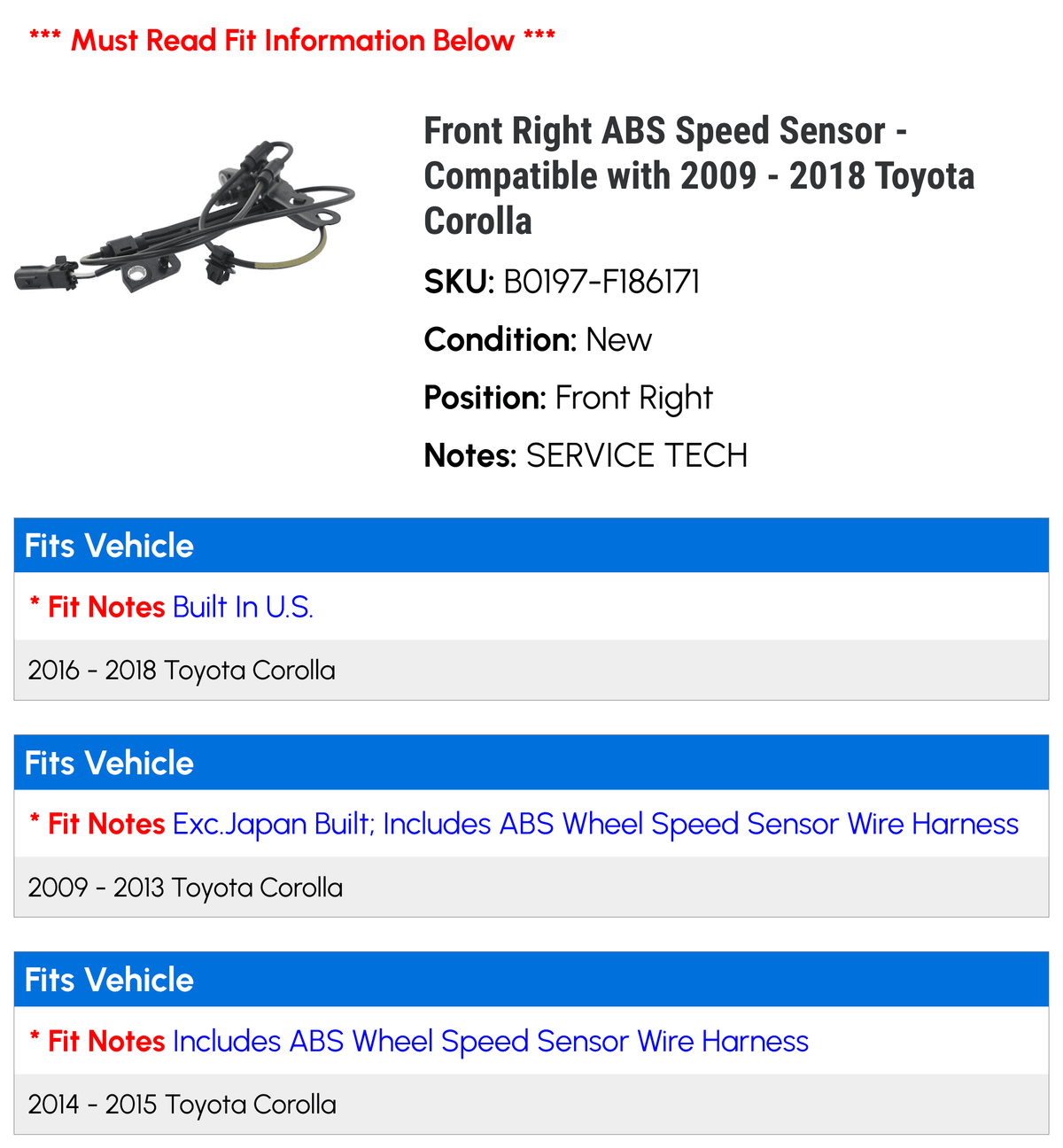 Corolla Speed Toyota 2015 2017 2016 with Sensor 2010 Right 2018 2011 ABS - 2009 2014 2012 Compatible - 2013 Front
