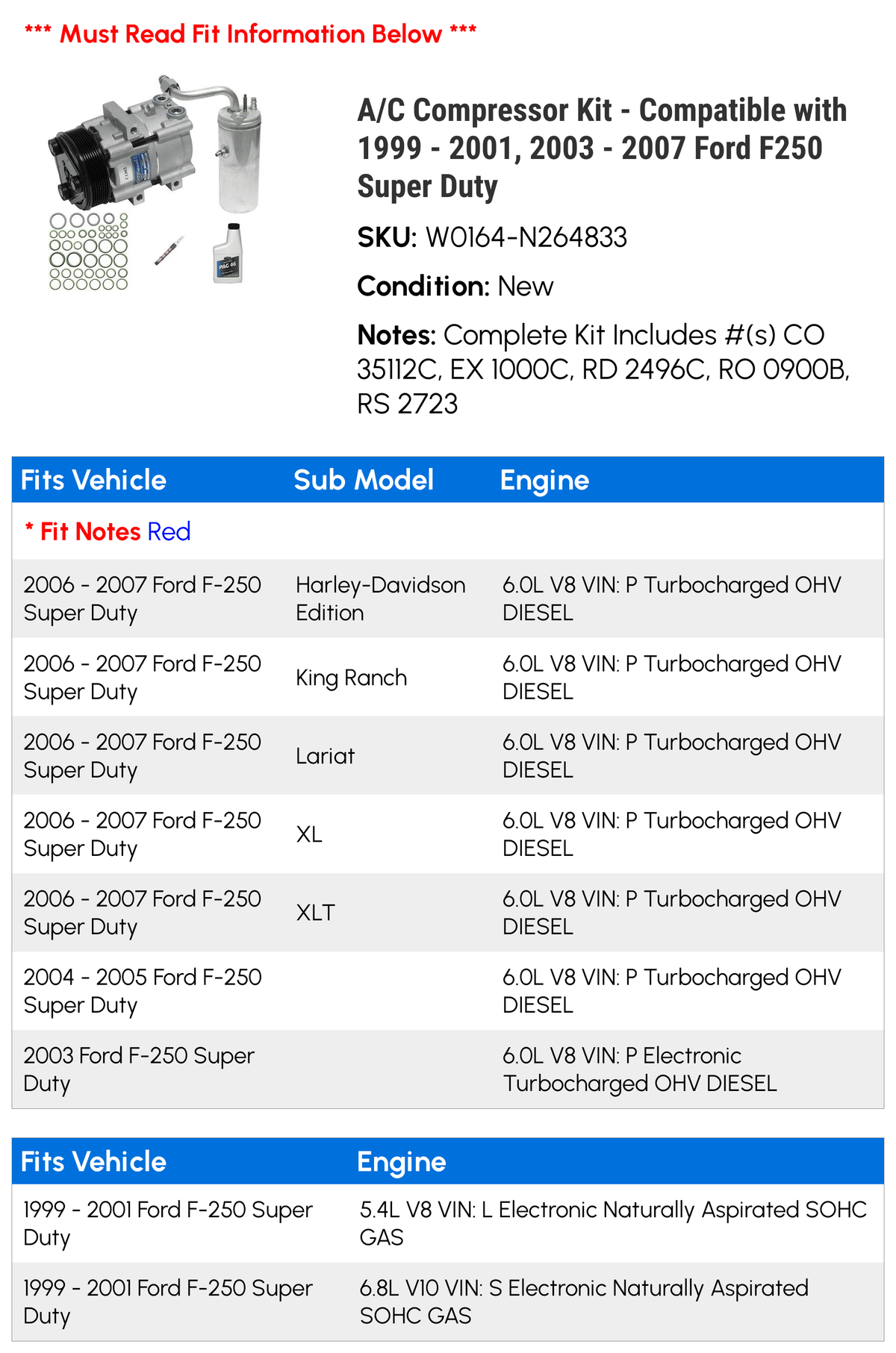 Compressor 2000 Compatible 2007 - 2004 - 2006 1999 A/C 2003 Duty Super 2005 Kit with 2001, F250 -