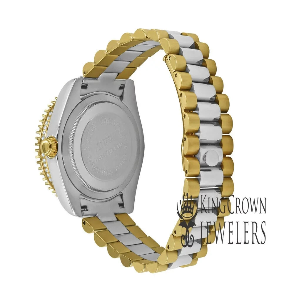Mens 42mm Stainless Numbers Face Diamond 18k Steel Dial Watch Tone Green Full 2 Gold Roman