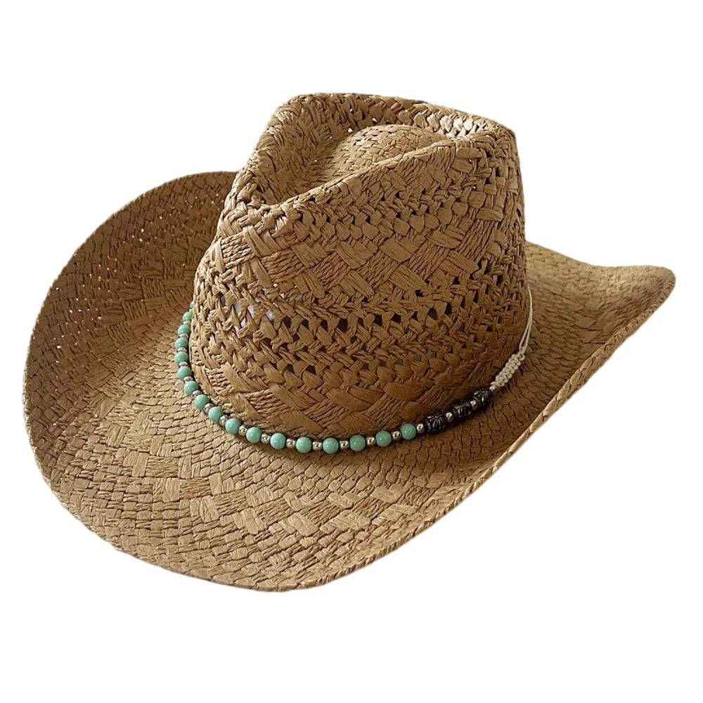 Women Sunshade Cowboy Hats Beach Hat With for Vintage Belt Men Keevoom Straw Bead