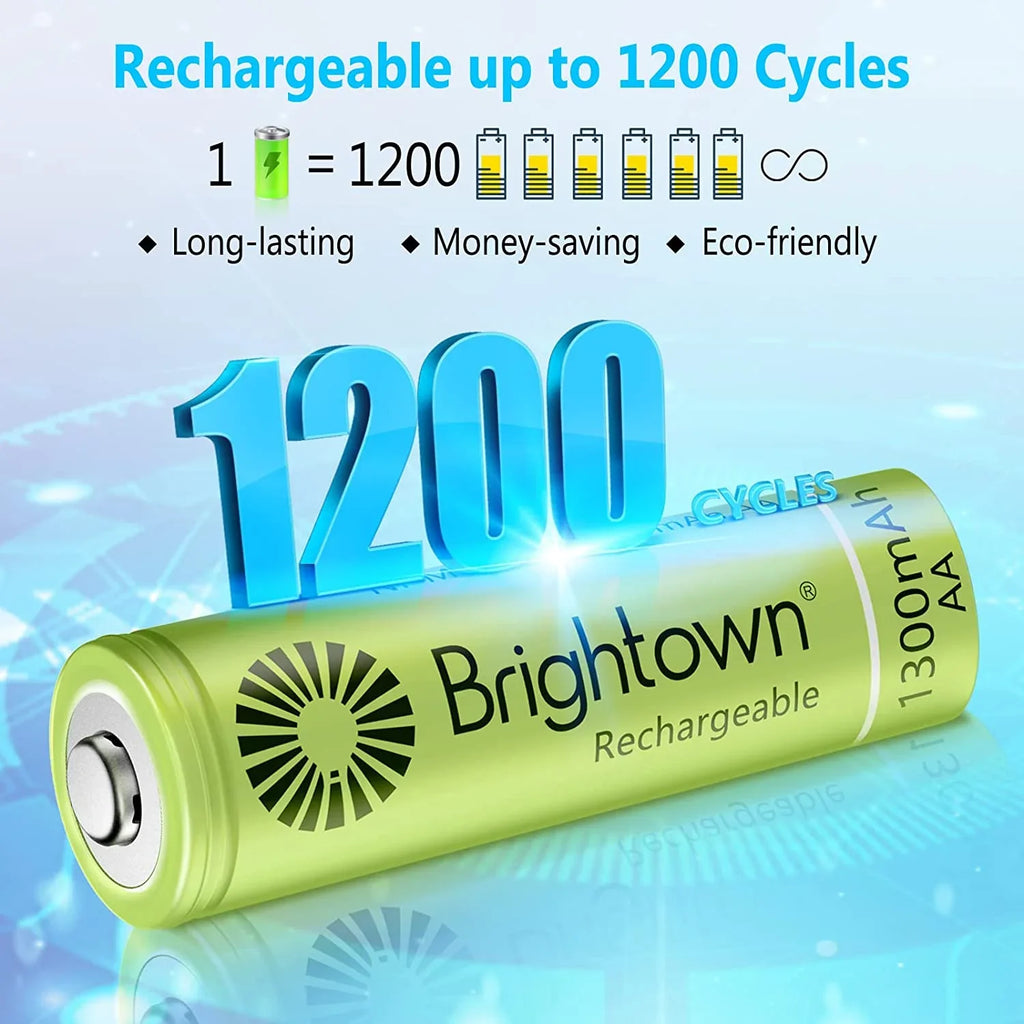 AA, Solar Battery to Pre Brightown A Lights Rechargeable Pack Battery Cycles 12 Double for Devices, up NiMH Recharge Charged 1200 and Household