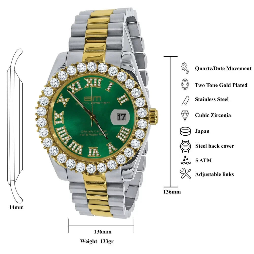 Mens 42mm Stainless Numbers Face Diamond 18k Steel Dial Watch Tone Green Full 2 Gold Roman