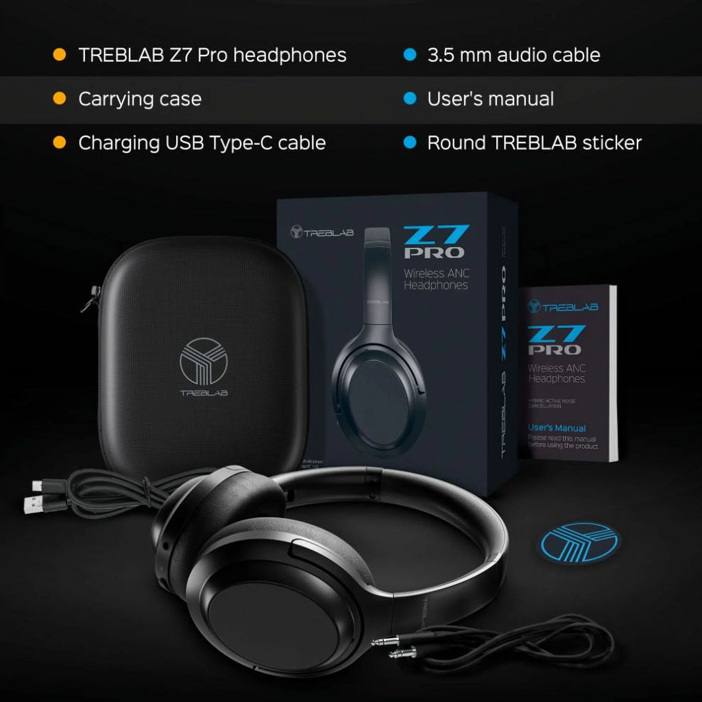 Sound, & with Ear Z7 (Grey) Mic PRO Touch Control w/aptX, Playtime Charging, Stereo USB-C Headphones TREBLAB Over Fast ANC - Bluetooth Canceling Wireless 45H - Active Hybryd Noise Headphones