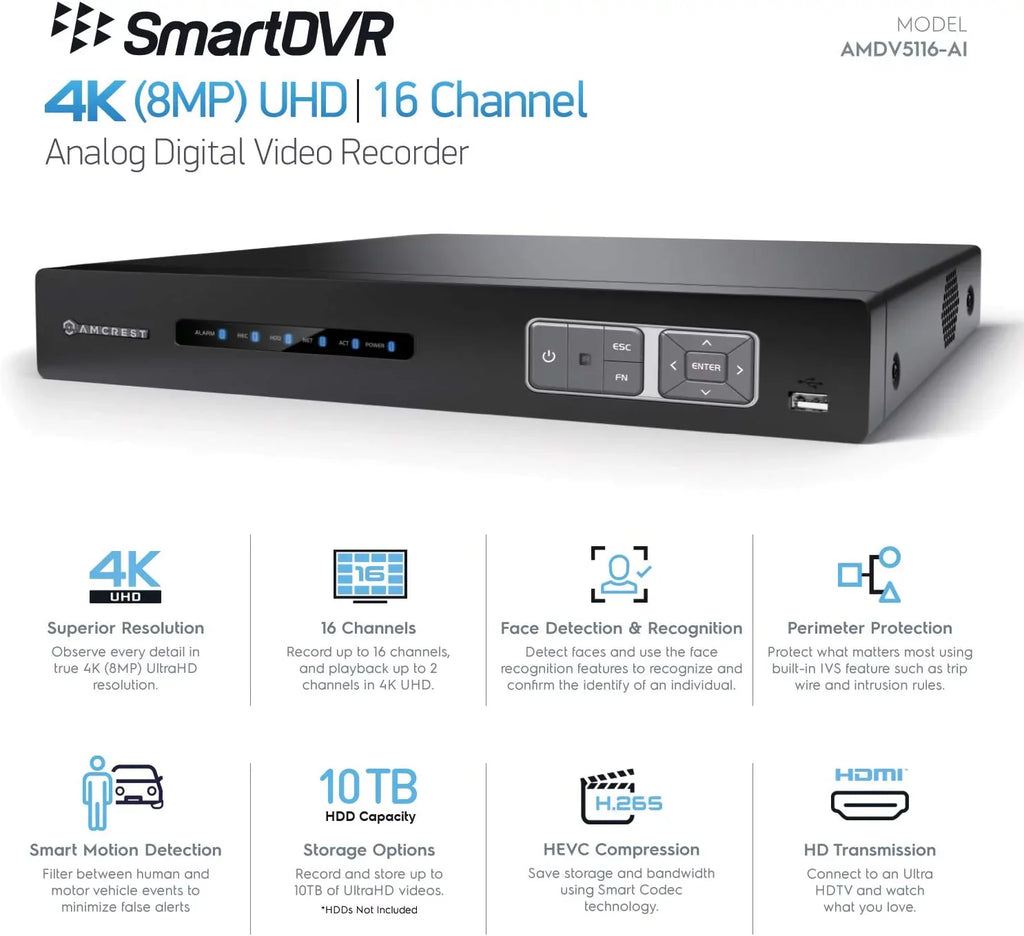 & Analog AI Smart DVR, Face Security 4K System (AMDV5116-I3) Vehicle AI Amcrest Cameras Cameras, Channel Security Amcrest IP Detection AI DVR Human for & Recorder, 16 Recognition, Camera DVR