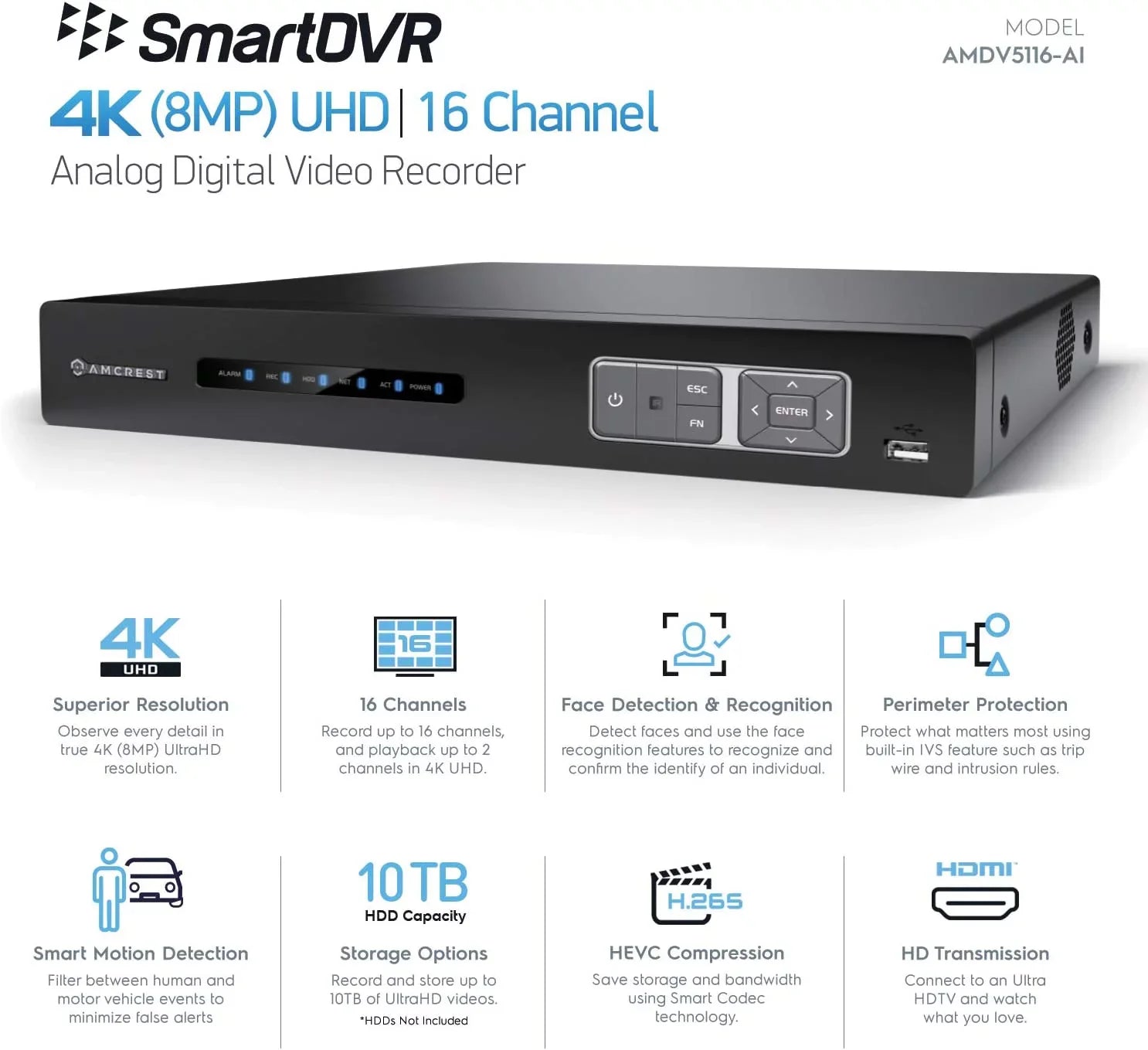 & Analog AI Smart DVR, Face Security 4K System (AMDV5116-I3) Vehicle AI Amcrest Cameras Cameras, Channel Security Amcrest IP Detection AI DVR Human for & Recorder, 16 Recognition, Camera DVR