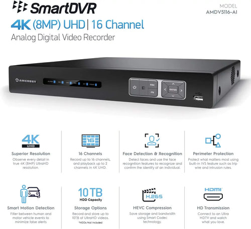 & Analog AI Smart DVR, Face Security 4K System (AMDV5116-I3) Vehicle AI Amcrest Cameras Cameras, Channel Security Amcrest IP Detection AI DVR Human for & Recorder, 16 Recognition, Camera DVR