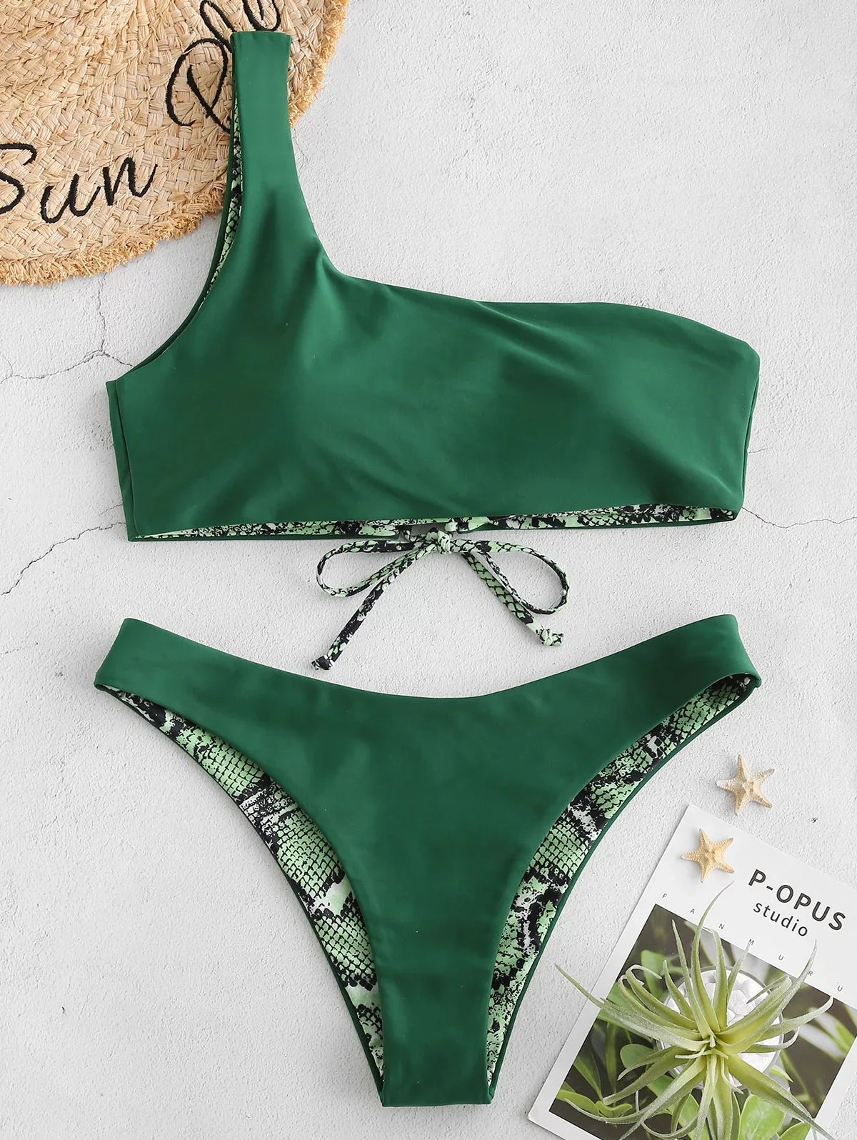 Green Bikini One Set for ZAFUL Medium Women Swimsuit Forest M Snakeskin Reversible Leopard Print Shoulder