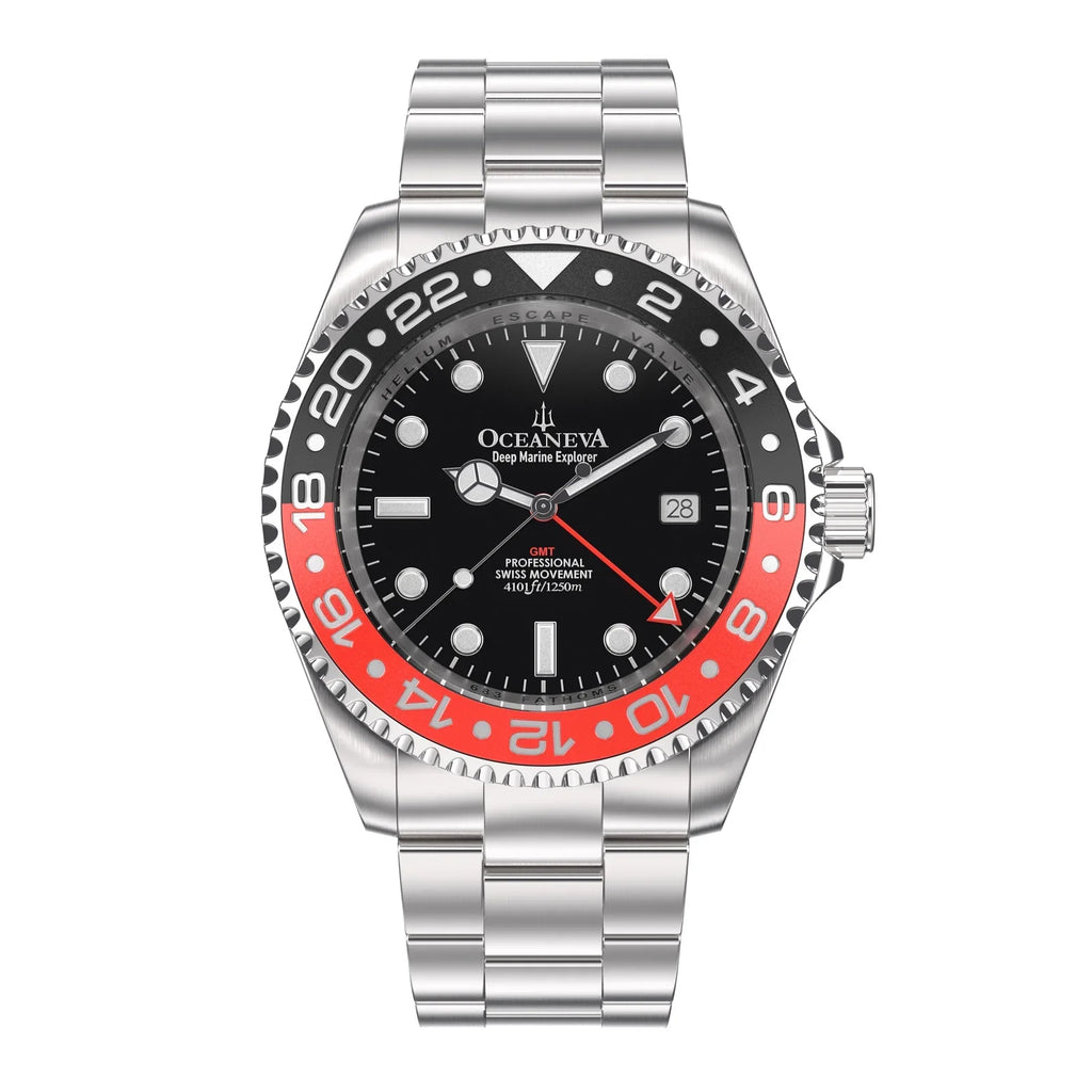 1250M Explorer Red Movement Pro Oceaneva™ Steel Men's Deep GMT and Swiss Diver Watch Stainless Quartz, Black- Marine Bracelet