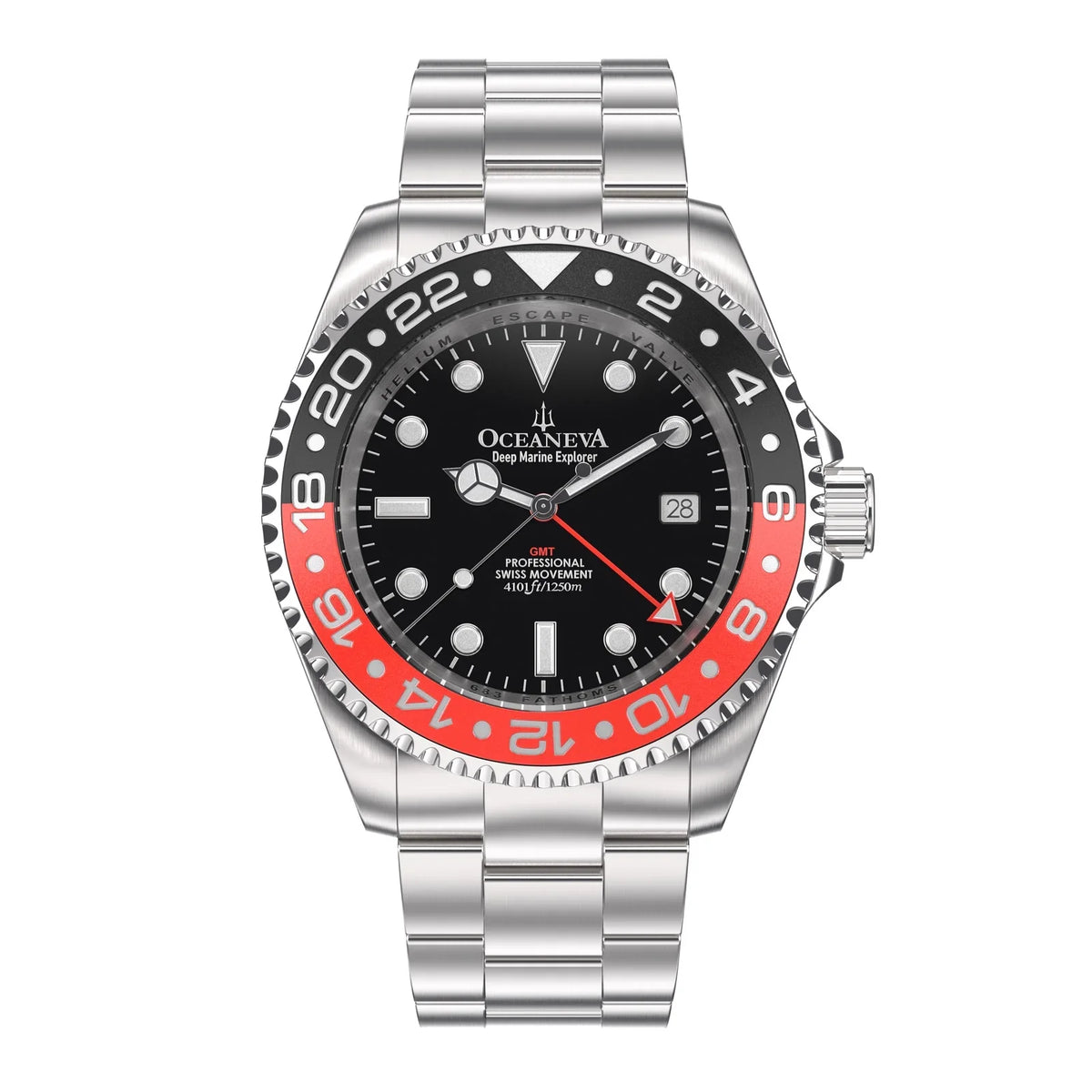 1250M Explorer Red Movement Pro Oceaneva™ Steel Men's Deep GMT and Swiss Diver Watch Stainless Quartz, Black- Marine Bracelet
