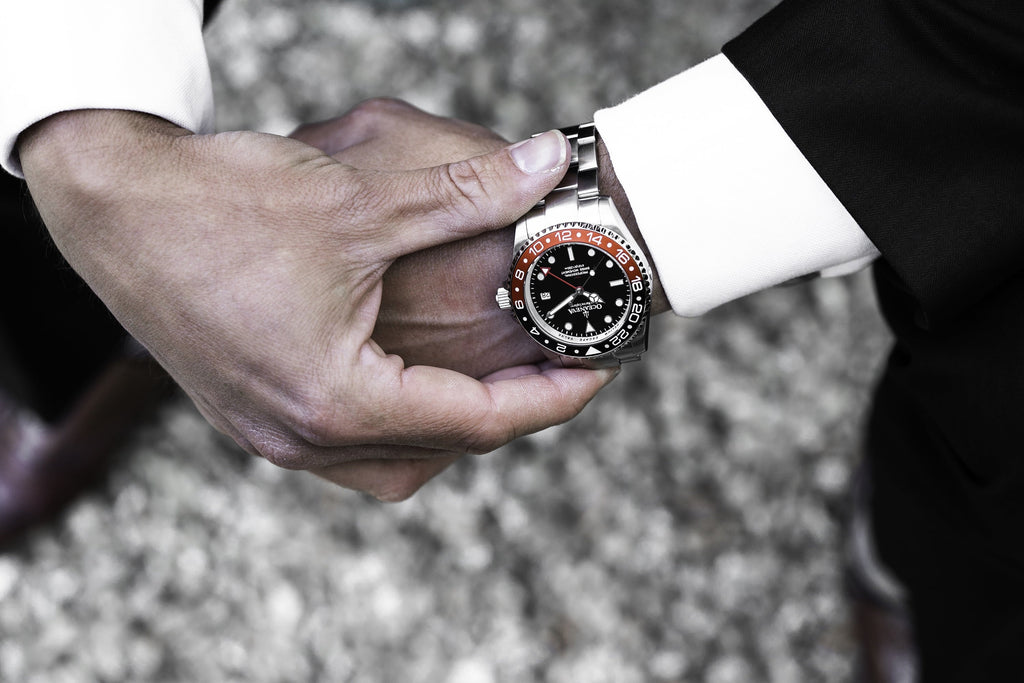 1250M Explorer Red Movement Pro Oceaneva™ Steel Men's Deep GMT and Swiss Diver Watch Stainless Quartz, Black- Marine Bracelet
