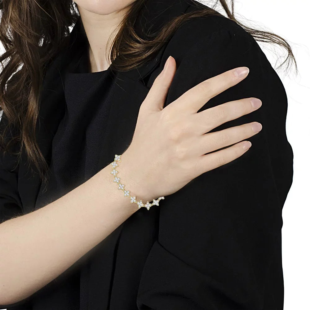 I1-I2 Diamond Gold Round-Cut Bracelet (J-K - 2.0 10K 4 Clover Link Color, cttw Clarity) 7.25" Yellow Leaf