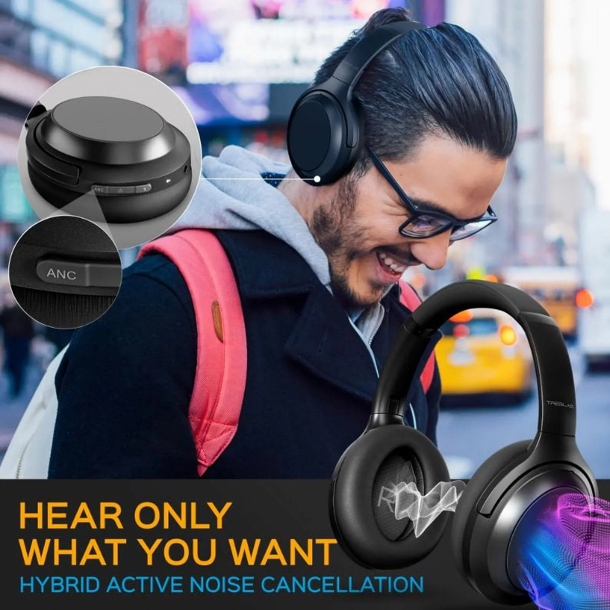 Sound, & with Ear Z7 (Grey) Mic PRO Touch Control w/aptX, Playtime Charging, Stereo USB-C Headphones TREBLAB Over Fast ANC - Bluetooth Canceling Wireless 45H - Active Hybryd Noise Headphones