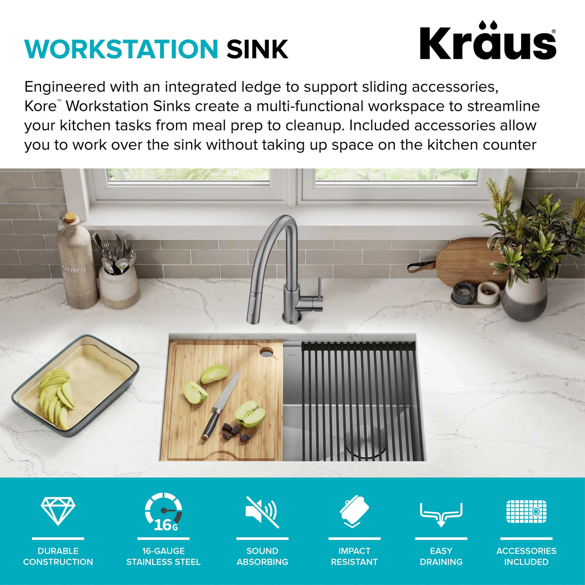 16 Kore Single 28Undermount Steel with Accessories Sink Workstation Kitchen Stainless Kraus Bowl Gauge