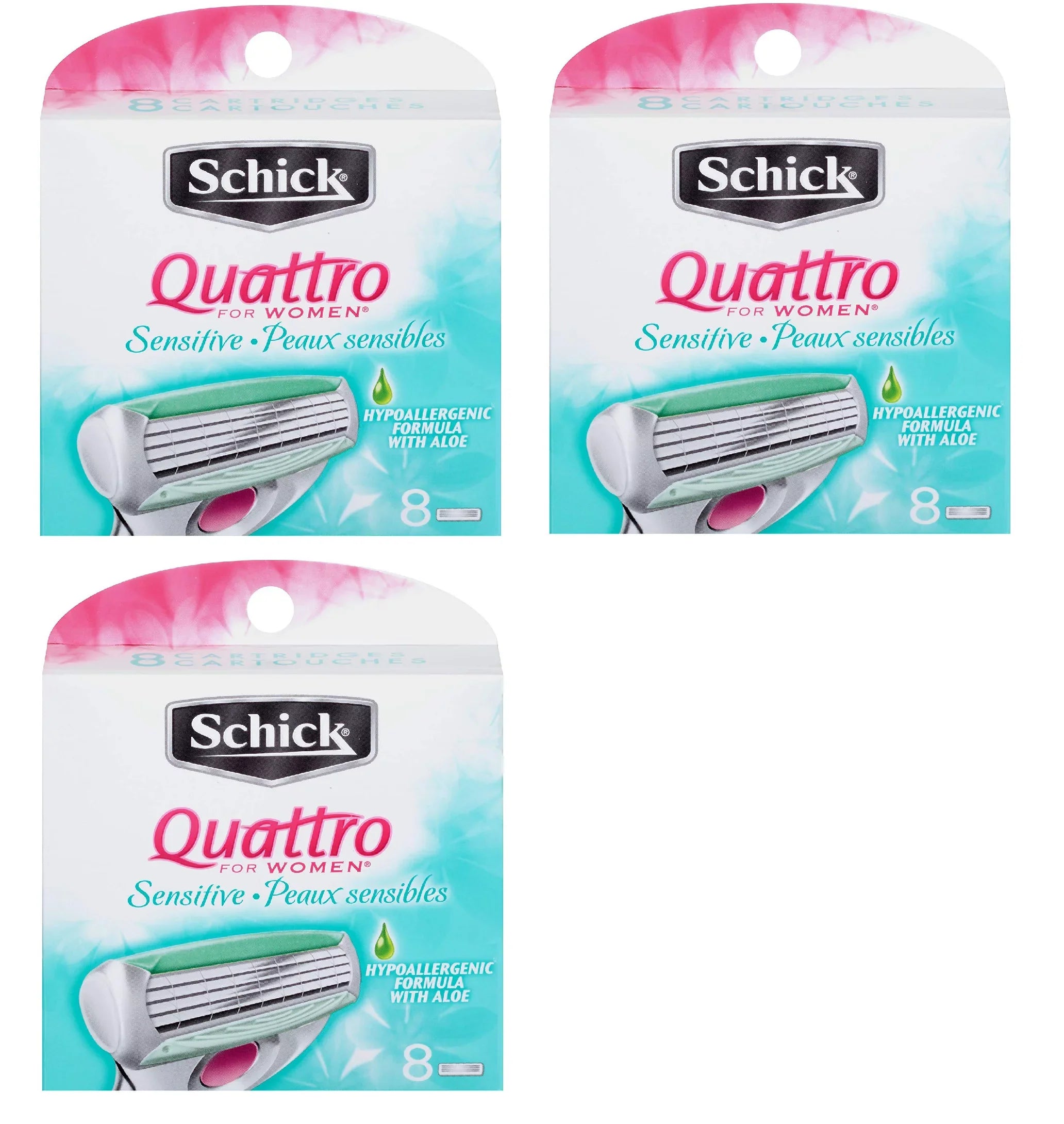 Cartridges, Refill (Pack Schick 8 Hypo Count 3) Women for Allergenic of Quattro Aloe Sensitive Blade