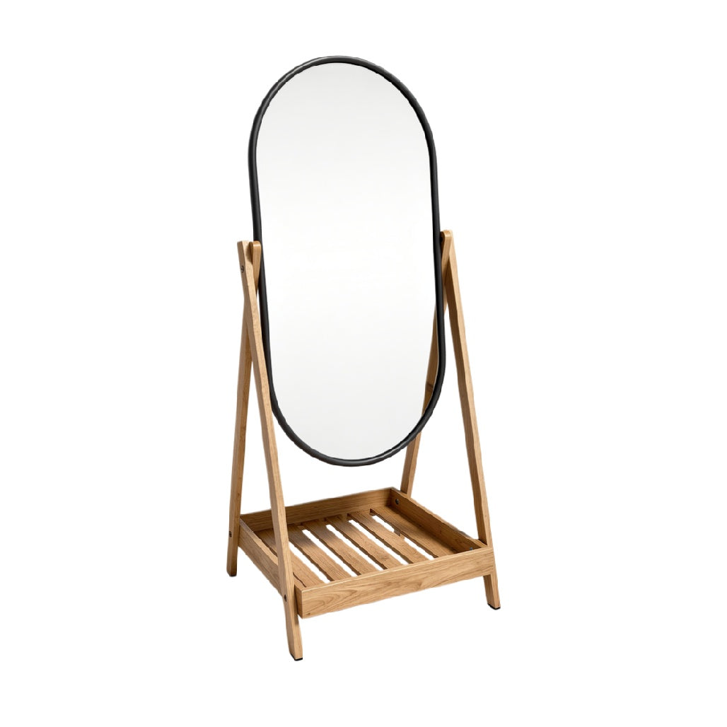 Freestanding Oval Mirror with Bamboo Stand and Storage Base