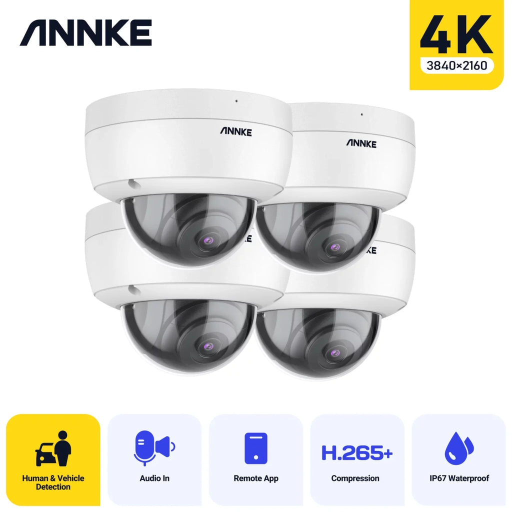 Vandal-Proof 4Pcs 256 Access PoE Camera IP ANNKE Supports Audio Weatherproof 4K GB Recording IK10 H.265+ with IP67 Ultra Motion ONVIF 8MP Remote Alerts Dome HD Card TF Security