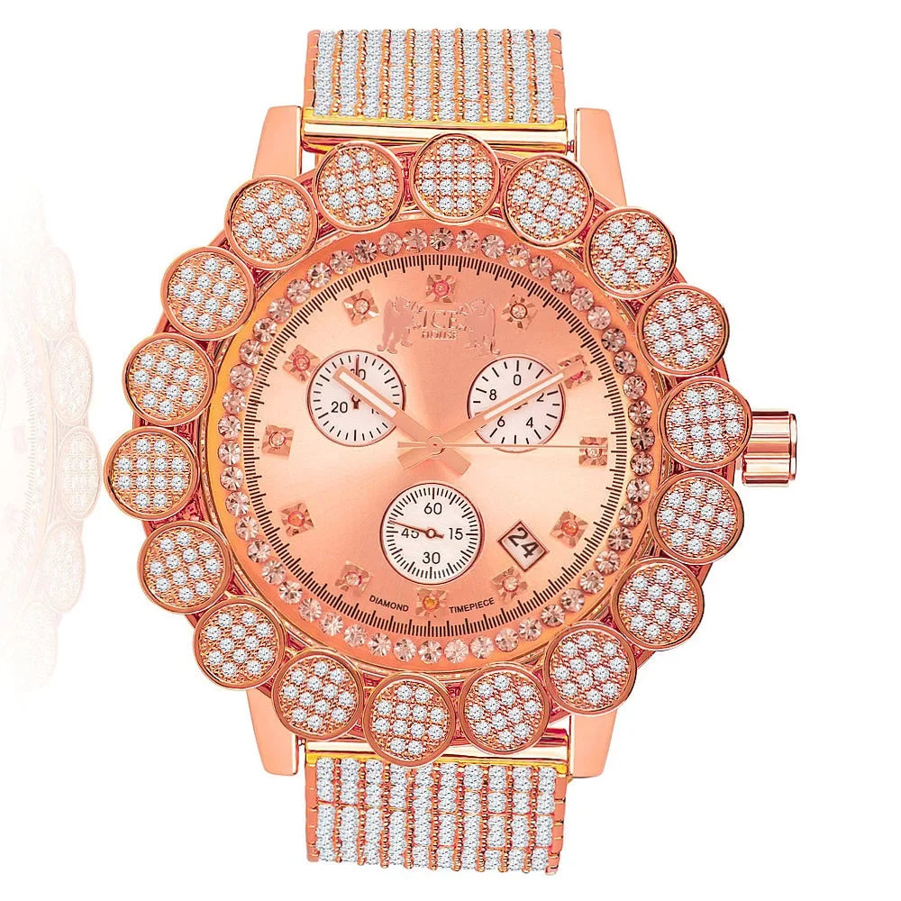 Iced Tone Bezel 14k Real Rose Diamond Face Big Out Flower Khronos W/Date Full Band Men's Gold Watch