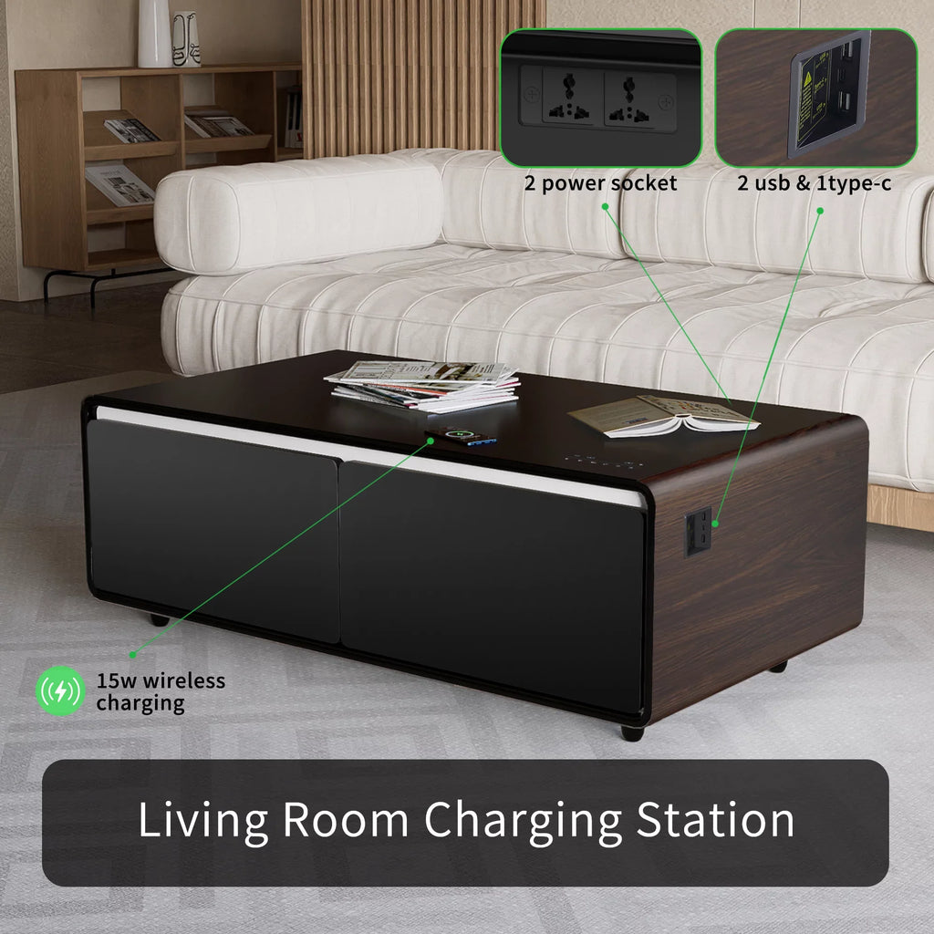 Fridge, Coffee Panel, Socket, Speaker, Atmosphere Table Smart Interface, Touch Charging Bluetooth Outlet Control with Modern Module, light, USB Wireless Power Built-in Protection, Brown