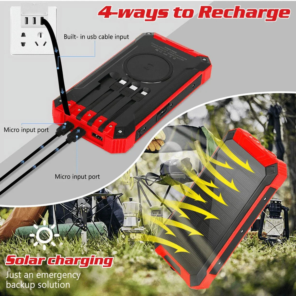6 4 20000mAh Flashlight Cables Power Waterproof LED Solar IPX4 Outputs External Battery Qi Ulefone C Charger Built-in with Bank For Inputs Armor Solar 9 15W USB 3 Wireless Port Portable 5V/3A
