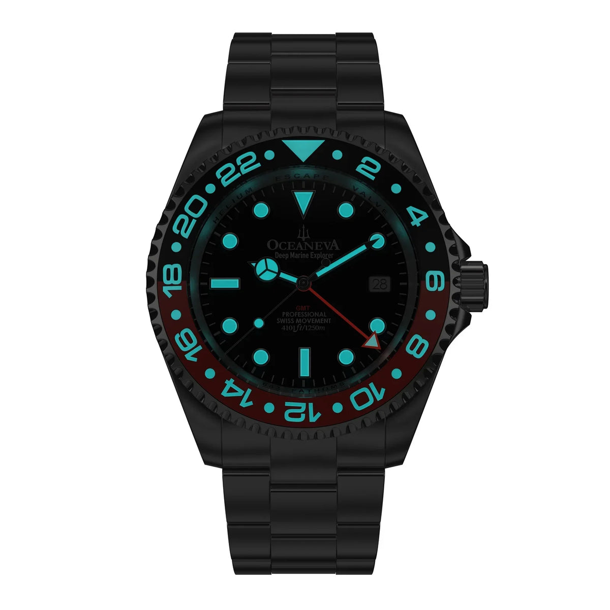 1250M Explorer Red Movement Pro Oceaneva™ Steel Men's Deep GMT and Swiss Diver Watch Stainless Quartz, Black- Marine Bracelet
