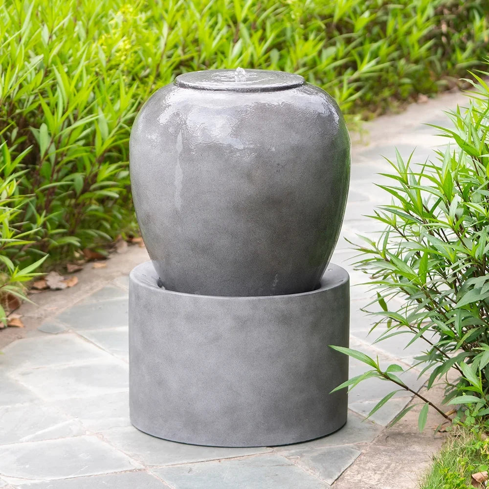 & Cement Home For Design Antique exterior Patio Heavy Lawn, Gray, Cute Urn 19.5x19.5x32.5" Unique Deck liquid Garden, feature Fountain