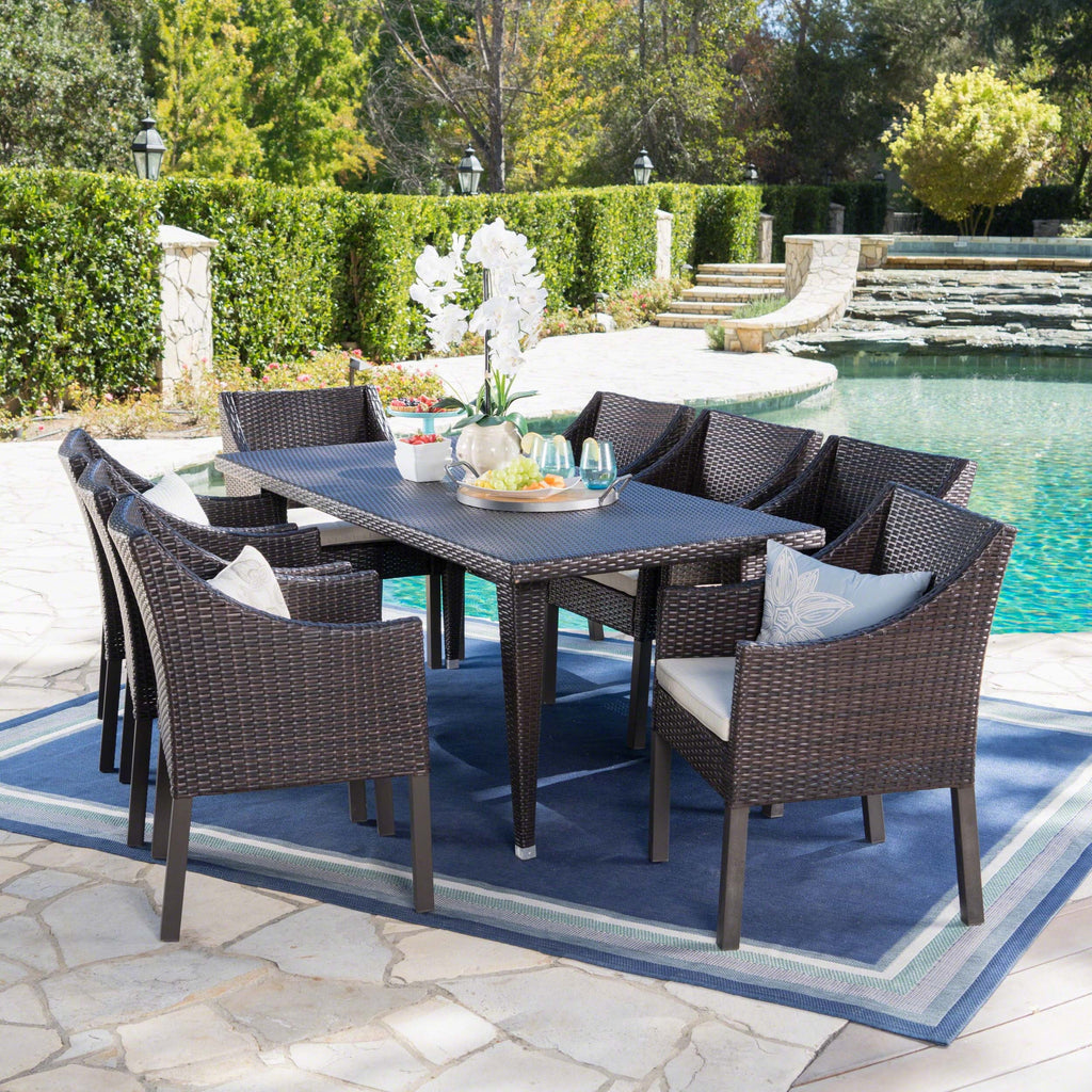 Wicker Rectangular Cushions, 9 exterior Noble Dining with Multibrown, Piece Arcadia Set Beige House