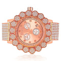 Iced Tone Bezel 14k Real Rose Diamond Face Big Out Flower Khronos W/Date Full Band Men's Gold Watch