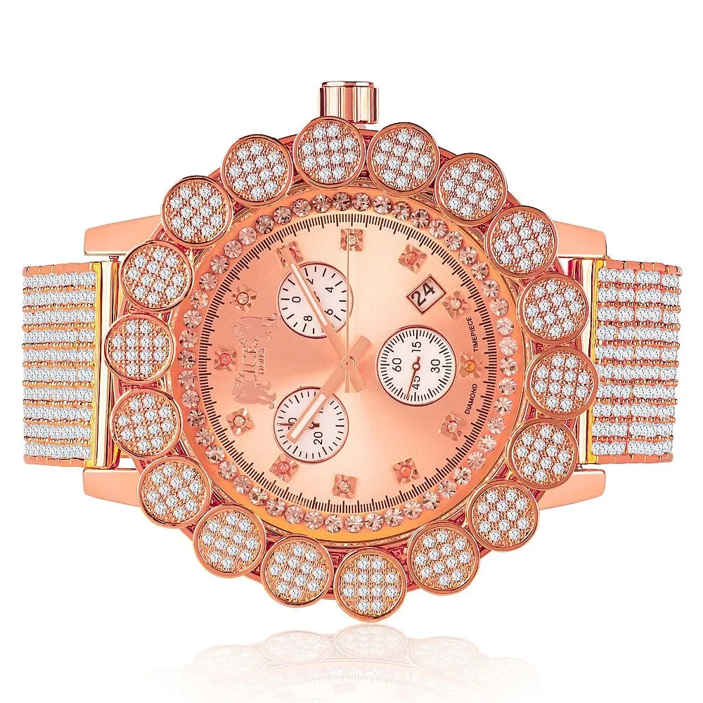 Iced Tone Bezel 14k Real Rose Diamond Face Big Out Flower Khronos W/Date Full Band Men's Gold Watch