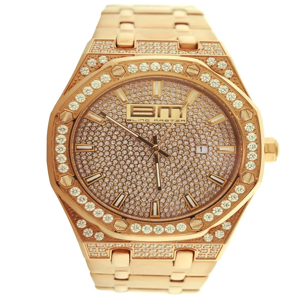18K Steel Watch Analog Custom Bling Finish Diamond Mens Simulated Dial Gold Classic Solid Stainless Rose Master