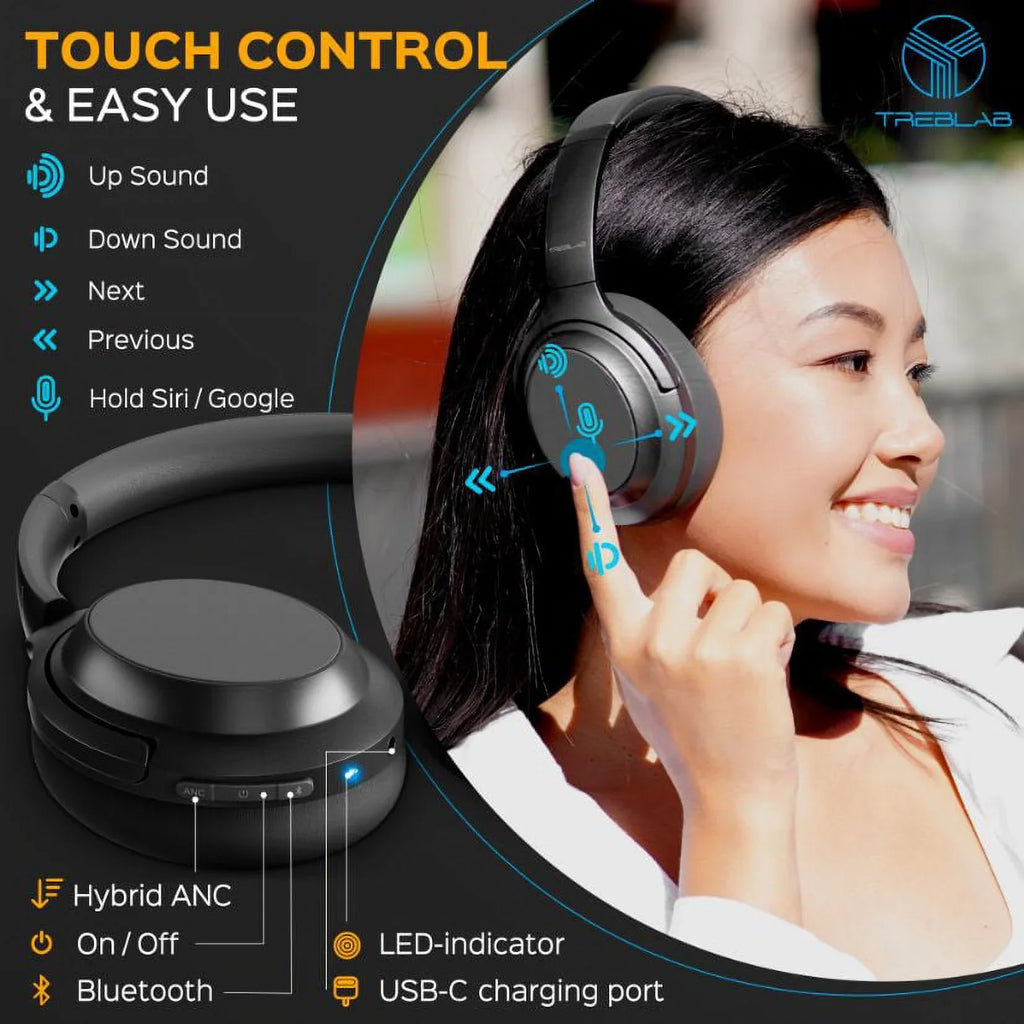 Sound, & with Ear Z7 (Grey) Mic PRO Touch Control w/aptX, Playtime Charging, Stereo USB-C Headphones TREBLAB Over Fast ANC - Bluetooth Canceling Wireless 45H - Active Hybryd Noise Headphones