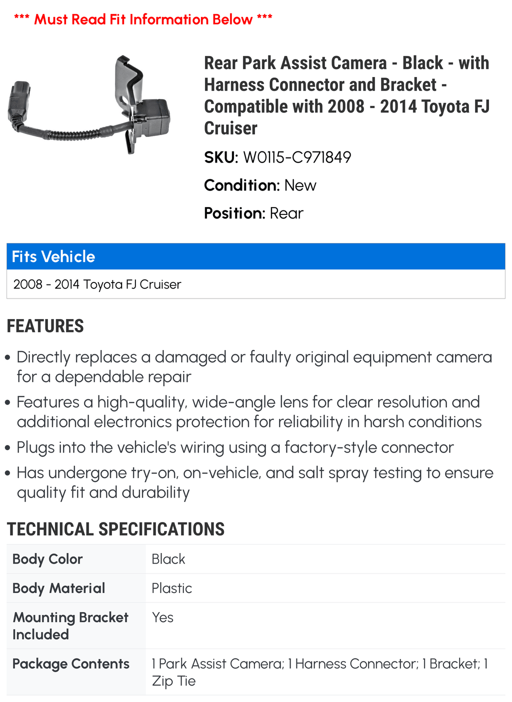 2012 Black - Harness and Park 2011 2008 Compatible Toyota FJ 2014 with Assist Bracket Connector 2013 Cruiser - 2010 Camera Rear - with - 2009