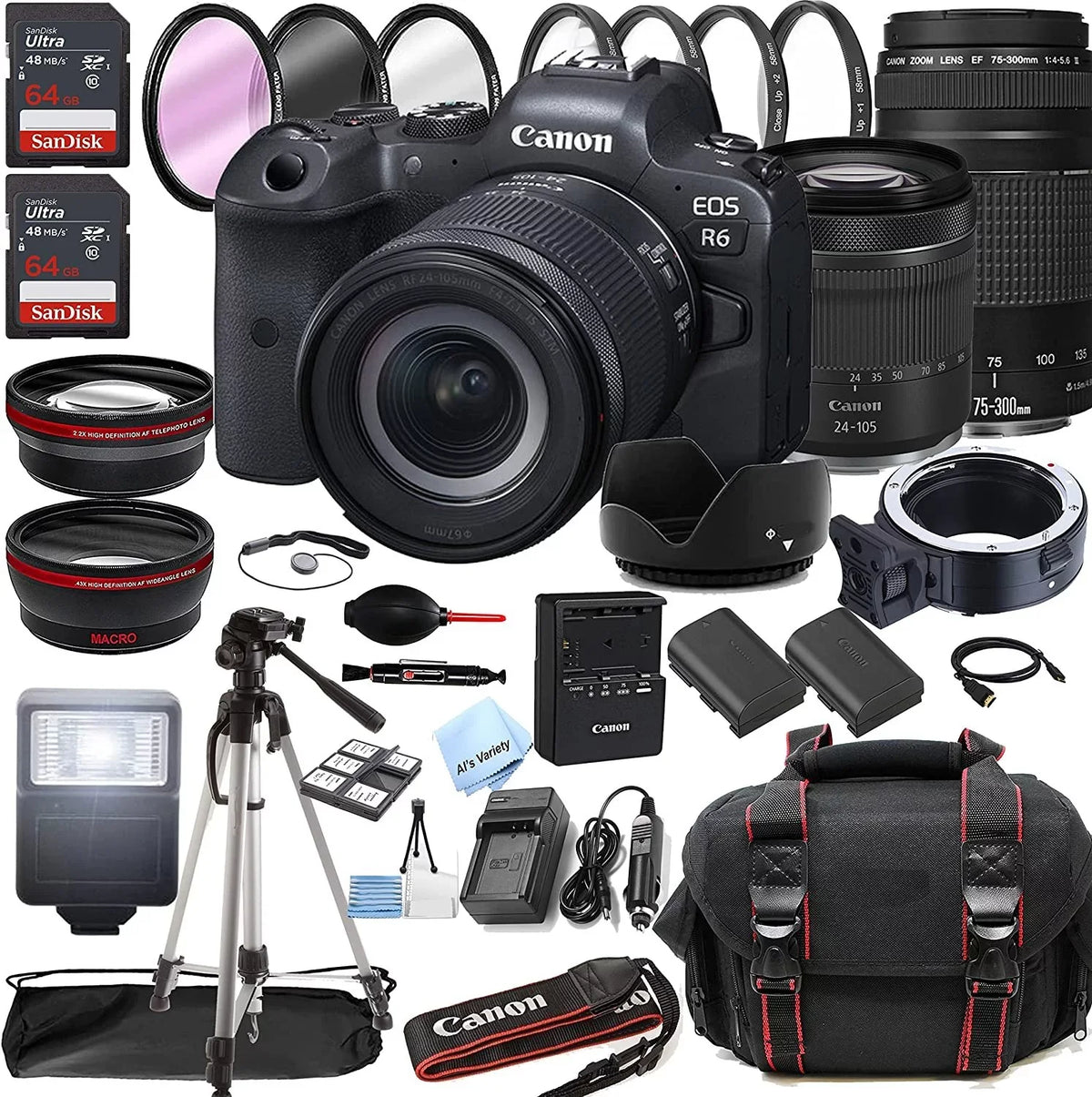 Digital Mirrorless + 128GB 41pc Case F/4-5.6 with R6 75-300mm Camera + Lens 24-105mm EOS Lens RF Filters Tripod f/4-7.1 Bundle + STM Canon + + III Memory
