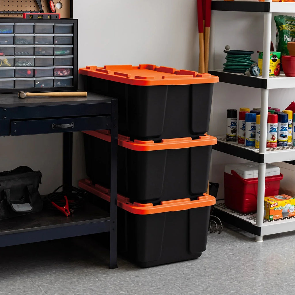 Tough USA Black Orange 108qt/27gal 3 IRIS Lid Duty Utility with Tote, Pack Heavy