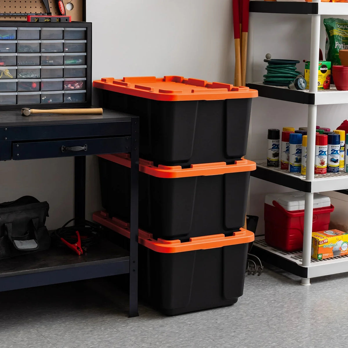 Tough USA Black Orange 108qt/27gal 3 IRIS Lid Duty Utility with Tote, Pack Heavy