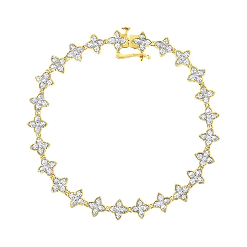 I1-I2 Diamond Gold Round-Cut Bracelet (J-K - 2.0 10K 4 Clover Link Color, cttw Clarity) 7.25" Yellow Leaf