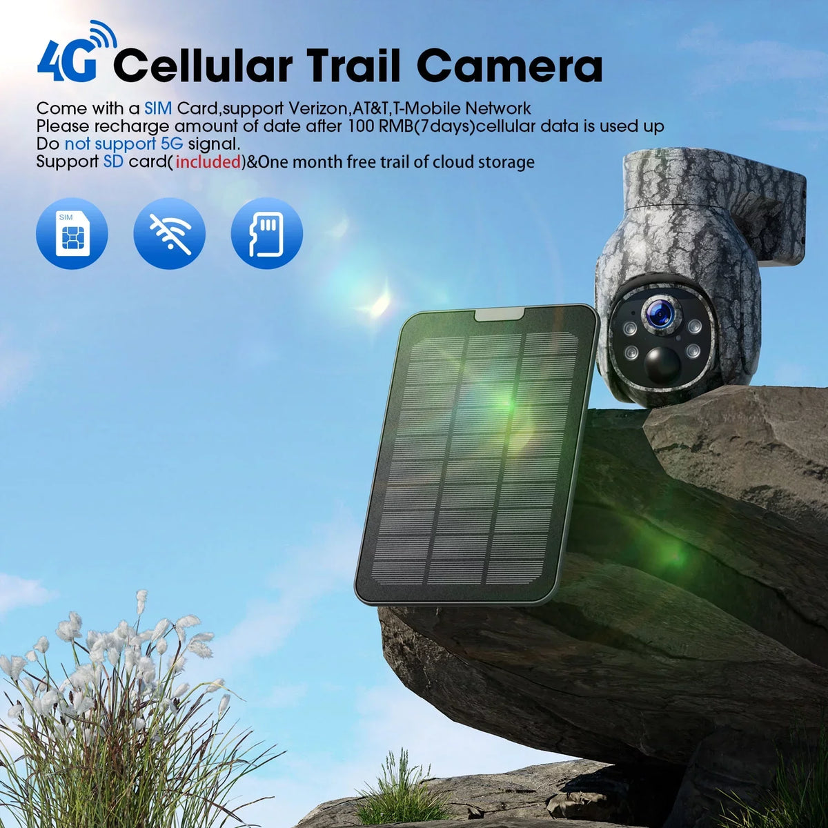 Cam Game Hunting Wireless 90°Tilt, Trail LTE, Card SIM Night Camera WiFi Cellular with Motion, PIR 4G CAMPARK Security Solar No Cloud Live Vision, 2K 360°Pan View, Camera Storage, Waterproof, with &SD