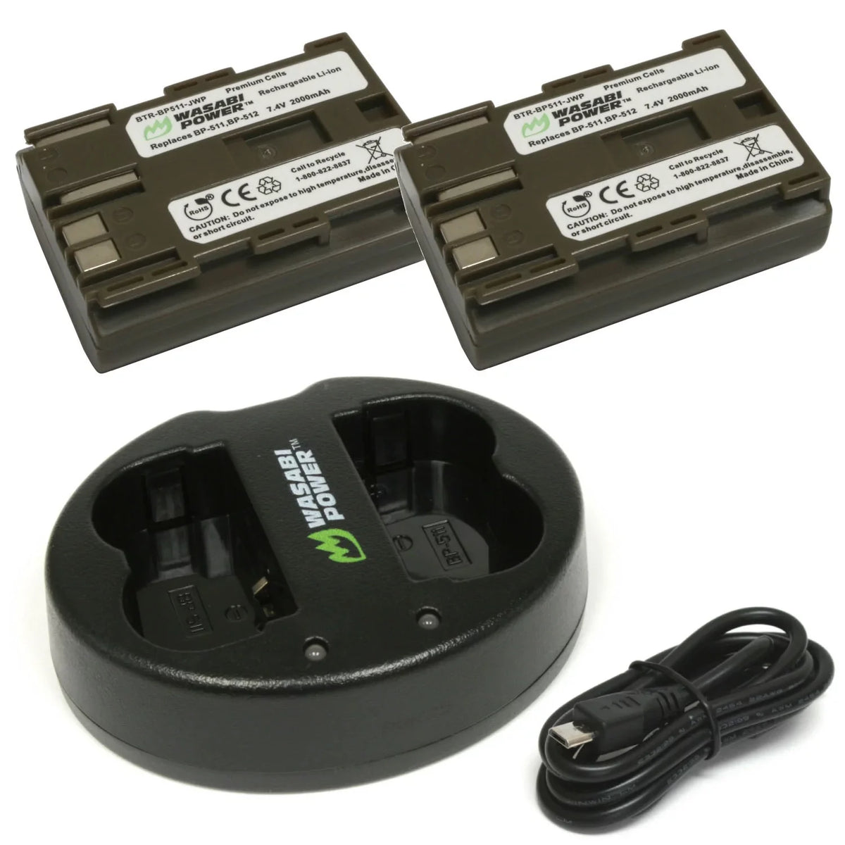 BP-511A, Dual Canon (2-Pack) BP-514 Wasabi Battery for BP-512, BP-511, Power Charger and