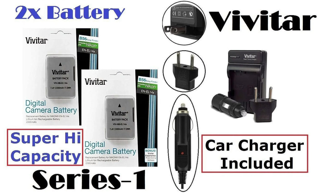 Vivitar Super & Battery For 2-Pc EN-EL14a 2300 Li-Ion D3400 Hi Charger Nikon mAh